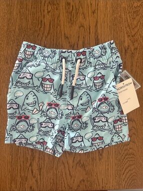 Andy & Evan Light Aqua Shark Print Swim Shorts with Red Sunglass Accents NEW